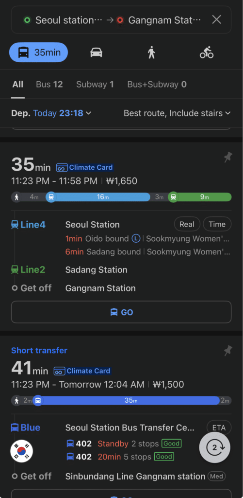 Naver Map app showing detailed Seoul subway and walking navigation