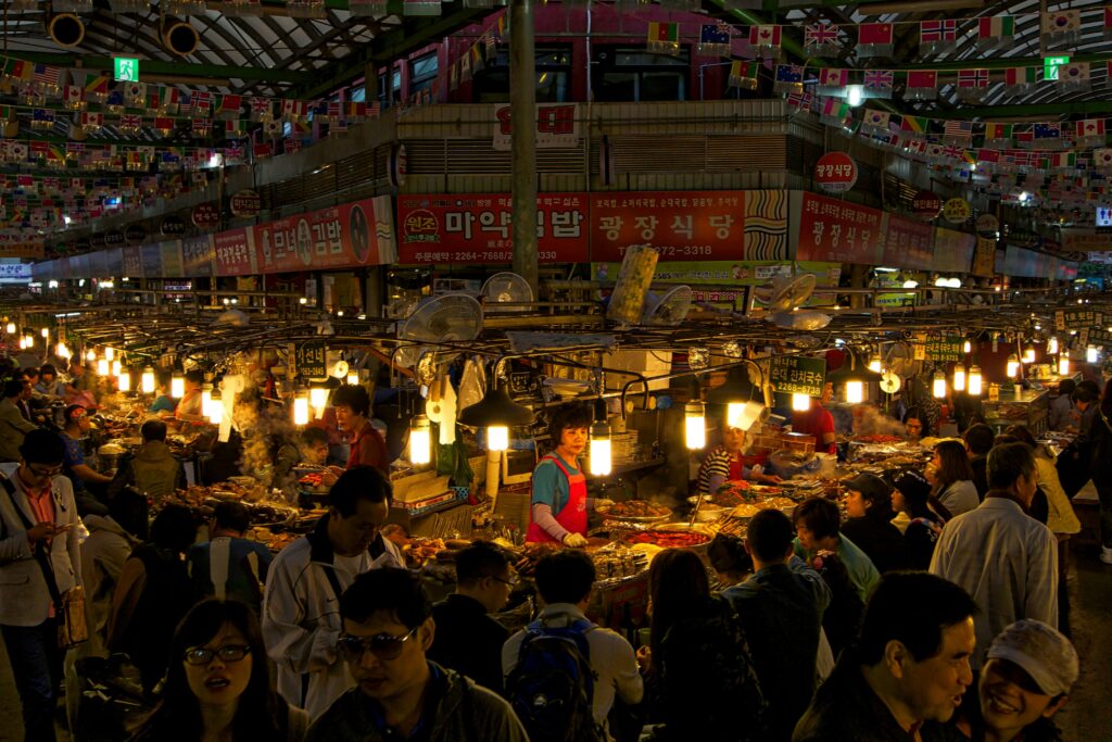 Busy food stalls at Gwangjang Market, one of Seoul’s best traditional markets