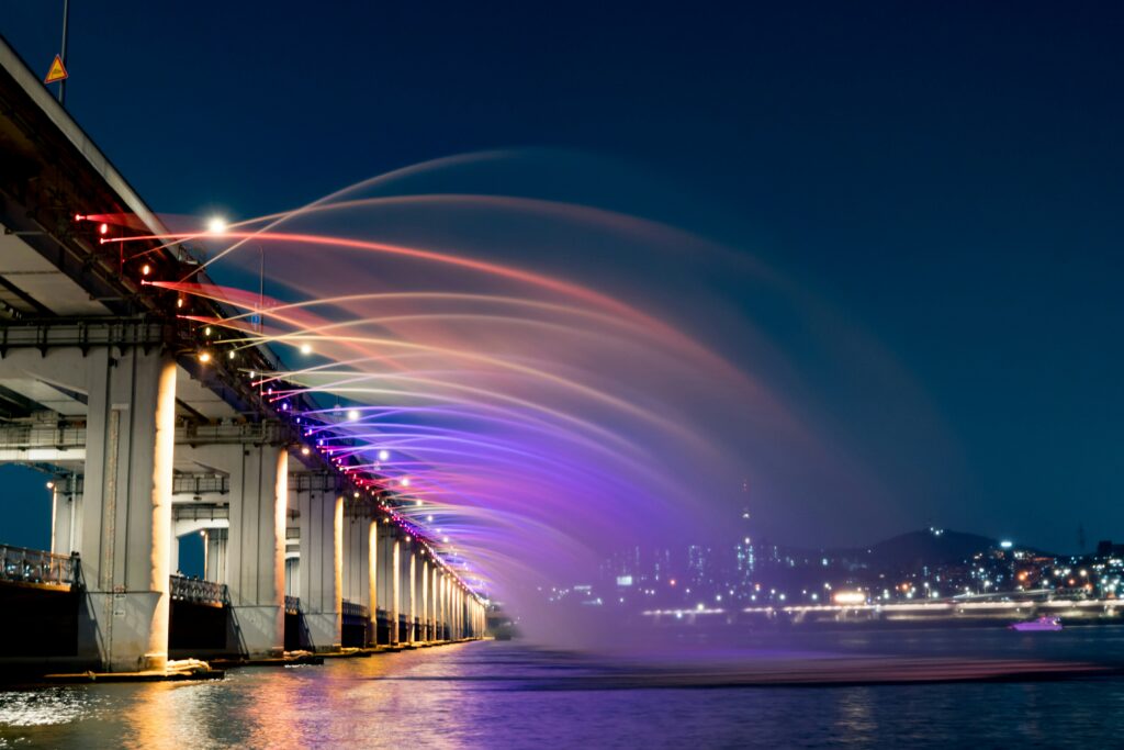 Beautiful night view of Han River Park with city lights in Seoul